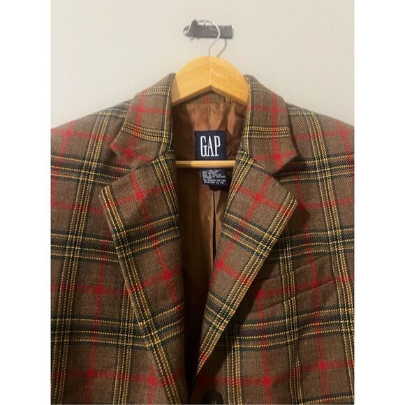 Gap Womens Size Small Wool Plaid Jacket Brown Red Green 3 Button Double Breasted - Picture 5 of 8